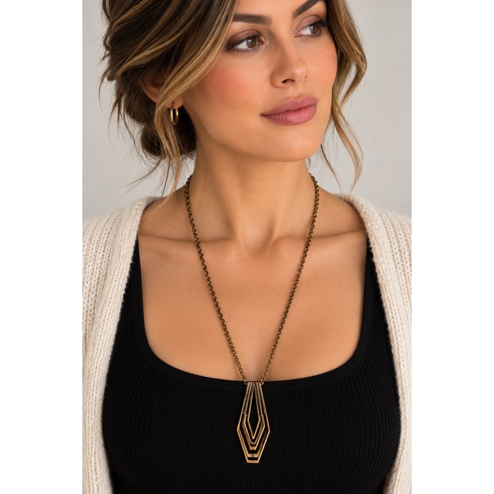 Gold Geometric Pendant Necklace Long Boho Artsy Minimalist Statement Y2K 32"